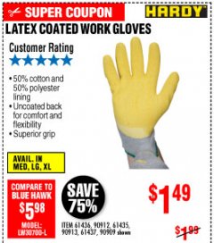 Harbor Freight Coupon HARDY LATEX COATED WORK GLOVES Lot No. 90909/61436/90912/61435/90913/61437 Expired: 10/4/19 - $1.49