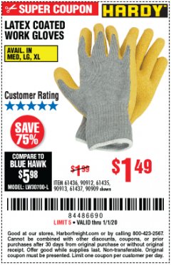Harbor Freight Coupon HARDY LATEX COATED WORK GLOVES Lot No. 90909/61436/90912/61435/90913/61437 Expired: 1/1/20 - $1.49