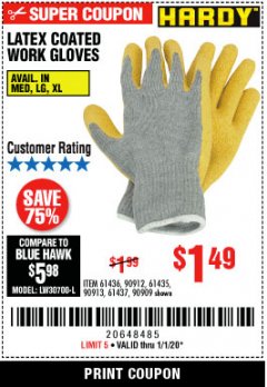 Harbor Freight Coupon HARDY LATEX COATED WORK GLOVES Lot No. 90909/61436/90912/61435/90913/61437 Expired: 1/1/20 - $1.49