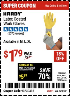 Harbor Freight Coupon HARDY LATEX COATED WORK GLOVES Lot No. 90909/61436/90912/61435/90913/61437 Valid: 9/19/22 10/2/22 - $1.79