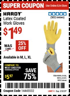 Harbor Freight Coupon HARDY LATEX COATED WORK GLOVES Lot No. 90909/61436/90912/61435/90913/61437 Expired: 2/5/23 - $1.49