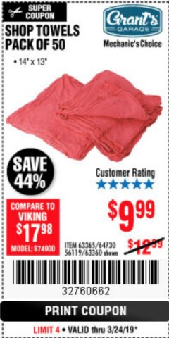 Harbor Freight Coupon MECHANICS CHOICE SHOP TOWELS PACK OF 50 Lot No. 63365/63360 Expired: 3/25/19 - $9.99
