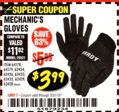 Harbor Freight Coupon MECHANIC'S GLOVES2 Lot No. 64181/64180/64539/62433/64540/62424/64541/62425 Expired: 3/31/19 - $3.99