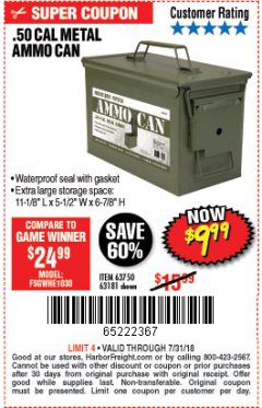 Harbor Freight Coupon .50 CAL METAL AMMO CAN Lot No. 63750/56810/63181 Expired: 7/31/18 - $9.99