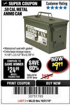 Harbor Freight Coupon .50 CAL METAL AMMO CAN Lot No. 63750/56810/63181 Expired: 10/31/18 - $9.99