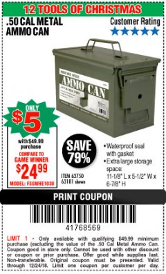 Harbor Freight Coupon .50 CAL METAL AMMO CAN Lot No. 63750/56810/63181 Expired: 12/24/18 - $5