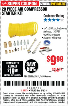 Harbor Freight Coupon 20 PIECE AIR COMPRESSOR STARTER KIT Lot No. 62688/57051/64599 Expired: 2/9/20 - $9.99