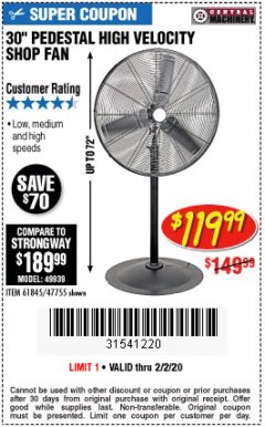 Harbor Freight Coupon 30" HIGH VELOCITY PEDESTAL SHOP FAN Lot No. 61845/47755 Expired: 2/2/20 - $119.99