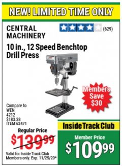 Harbor Freight ITC Coupon 10", 12 SPEED BENCHTOP DRILL PRESS Lot No. 63471/62408/60237 Expired: 11/25/20 - $109.99