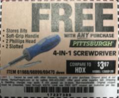 Harbor Freight FREE Coupon 4-IN-1 SCREWDRIVER Lot No. 39631/69470/61988 Expired: 4/3/18 - FWP