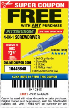 Harbor Freight FREE Coupon 4-IN-1 SCREWDRIVER Lot No. 39631/69470/61988 Expired: 6/24/18 - FWP