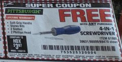 Harbor Freight FREE Coupon 4-IN-1 SCREWDRIVER Lot No. 39631/69470/61988 Expired: 4/6/19 - FWP