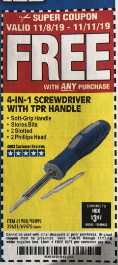 Harbor Freight FREE Coupon 4-IN-1 SCREWDRIVER Lot No. 39631/69470/61988 Expired: 11/11/19 - FWP