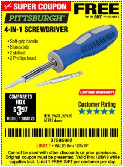 Harbor Freight FREE Coupon 4-IN-1 SCREWDRIVER Lot No. 39631/69470/61988 Expired: 12/8/19 - FWP