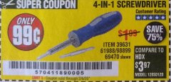 Harbor Freight Coupon 4-IN-1 SCREWDRIVER Lot No. 39631/69470/61988 Expired: 2/6/20 - $0.99