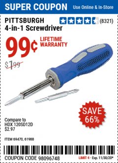Harbor Freight Coupon 4-IN-1 SCREWDRIVER Lot No. 39631/69470/61988 Expired: 11/30/20 - $0.99