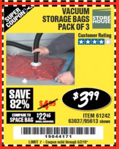 Harbor Freight Coupon VACUUM STORAGE BAGS PACK OF 3 Lot No. 61242/95613 Expired: 6/2/18 - $3.99