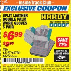 Harbor Freight ITC Coupon SPLIT LEATHER DOUBLE PALM WORK GLOVES - 5 PAIR Lot No. 66292/62197/62798 Expired: 2/28/19 - $6.99