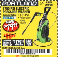 Harbor Freight Coupon 1750 PSI ELECTRIC PRESSURE WASHER Lot No. 63254/63255 Expired: 8/6/18 - $79.99