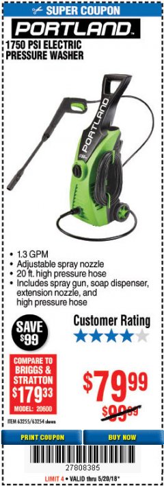Harbor Freight Coupon 1750 PSI ELECTRIC PRESSURE WASHER Lot No. 63254/63255 Expired: 5/20/18 - $79.99