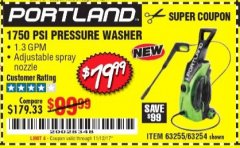 Harbor Freight Coupon 1750 PSI ELECTRIC PRESSURE WASHER Lot No. 63254/63255 Expired: 11/12/17 - $79.99