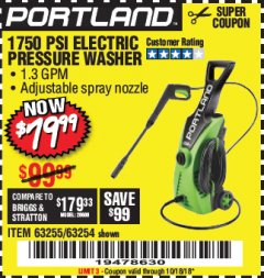 Harbor Freight Coupon 1750 PSI ELECTRIC PRESSURE WASHER Lot No. 63254/63255 Expired: 10/18/18 - $79.99