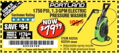 Harbor Freight Coupon 1750 PSI ELECTRIC PRESSURE WASHER Lot No. 63254/63255 Expired: 9/1/18 - $79.99