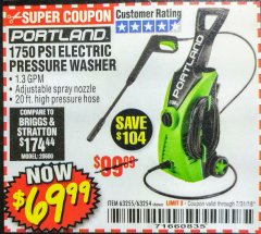 Harbor Freight Coupon 1750 PSI ELECTRIC PRESSURE WASHER Lot No. 63254/63255 Expired: 7/31/18 - $69.99