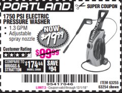 Harbor Freight Coupon 1750 PSI ELECTRIC PRESSURE WASHER Lot No. 63254/63255 Expired: 12/1/18 - $79.99