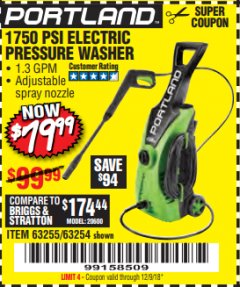 Harbor Freight Coupon 1750 PSI ELECTRIC PRESSURE WASHER Lot No. 63254/63255 Expired: 12/9/18 - $79.99