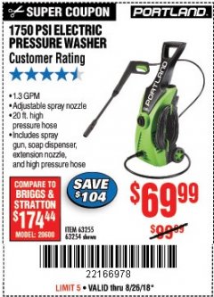 Harbor Freight Coupon 1750 PSI ELECTRIC PRESSURE WASHER Lot No. 63254/63255 Expired: 8/26/18 - $69.99