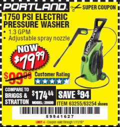 Harbor Freight Coupon 1750 PSI ELECTRIC PRESSURE WASHER Lot No. 63254/63255 Expired: 1/11/19 - $79.99