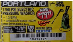 Harbor Freight Coupon 1750 PSI ELECTRIC PRESSURE WASHER Lot No. 63254/63255 Expired: 1/4/19 - $79.99
