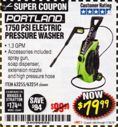 Harbor Freight Coupon 1750 PSI ELECTRIC PRESSURE WASHER Lot No. 63254/63255 Expired: 11/30/18 - $79.99