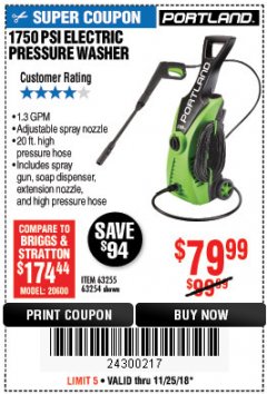 Harbor Freight Coupon 1750 PSI ELECTRIC PRESSURE WASHER Lot No. 63254/63255 Expired: 11/25/18 - $79.99
