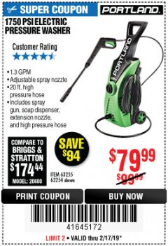 Harbor Freight Coupon 1750 PSI ELECTRIC PRESSURE WASHER Lot No. 63254/63255 Expired: 2/17/19 - $79.99