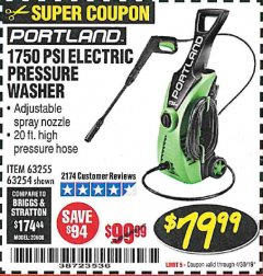 Harbor Freight Coupon 1750 PSI ELECTRIC PRESSURE WASHER Lot No. 63254/63255 Expired: 4/30/19 - $79.99