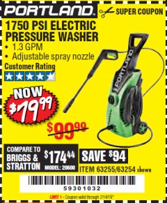 Harbor Freight Coupon 1750 PSI ELECTRIC PRESSURE WASHER Lot No. 63254/63255 Expired: 7/14/19 - $79.99