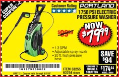 Harbor Freight Coupon 1750 PSI ELECTRIC PRESSURE WASHER Lot No. 63254/63255 Expired: 6/1/19 - $79.99