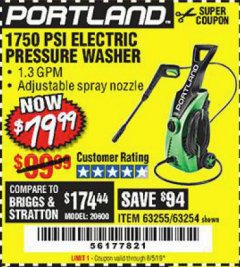 Harbor Freight Coupon 1750 PSI ELECTRIC PRESSURE WASHER Lot No. 63254/63255 Expired: 8/5/19 - $79.99