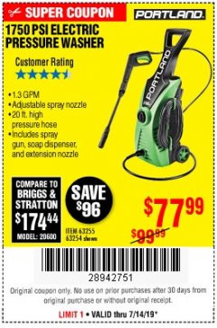 Harbor Freight Coupon 1750 PSI ELECTRIC PRESSURE WASHER Lot No. 63254/63255 Expired: 7/14/19 - $77.99