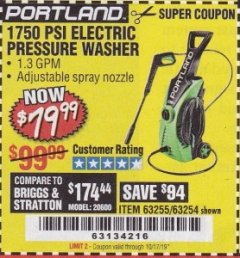 Harbor Freight Coupon 1750 PSI ELECTRIC PRESSURE WASHER Lot No. 63254/63255 Expired: 10/17/19 - $79.99