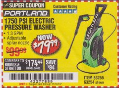 Harbor Freight Coupon 1750 PSI ELECTRIC PRESSURE WASHER Lot No. 63254/63255 Expired: 11/14/19 - $79.99