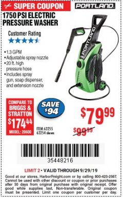 Harbor Freight Coupon 1750 PSI ELECTRIC PRESSURE WASHER Lot No. 63254/63255 Expired: 9/29/19 - $79.99