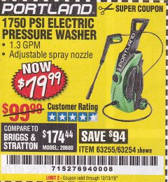 Harbor Freight Coupon 1750 PSI ELECTRIC PRESSURE WASHER Lot No. 63254/63255 Expired: 12/31/19 - $79.99