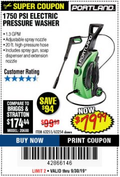 Harbor Freight Coupon 1750 PSI ELECTRIC PRESSURE WASHER Lot No. 63254/63255 Expired: 9/30/19 - $79.99
