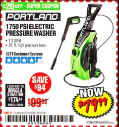 Harbor Freight Coupon 1750 PSI ELECTRIC PRESSURE WASHER Lot No. 63254/63255 Expired: 10/31/19 - $79.99