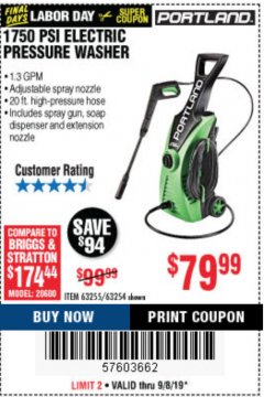Harbor Freight Coupon 1750 PSI ELECTRIC PRESSURE WASHER Lot No. 63254/63255 Expired: 9/8/19 - $79.99