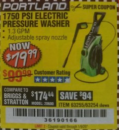 Harbor Freight Coupon 1750 PSI ELECTRIC PRESSURE WASHER Lot No. 63254/63255 Expired: 1/9/20 - $79.99