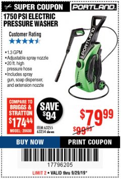 Harbor Freight Coupon 1750 PSI ELECTRIC PRESSURE WASHER Lot No. 63254/63255 Expired: 9/29/19 - $79.99